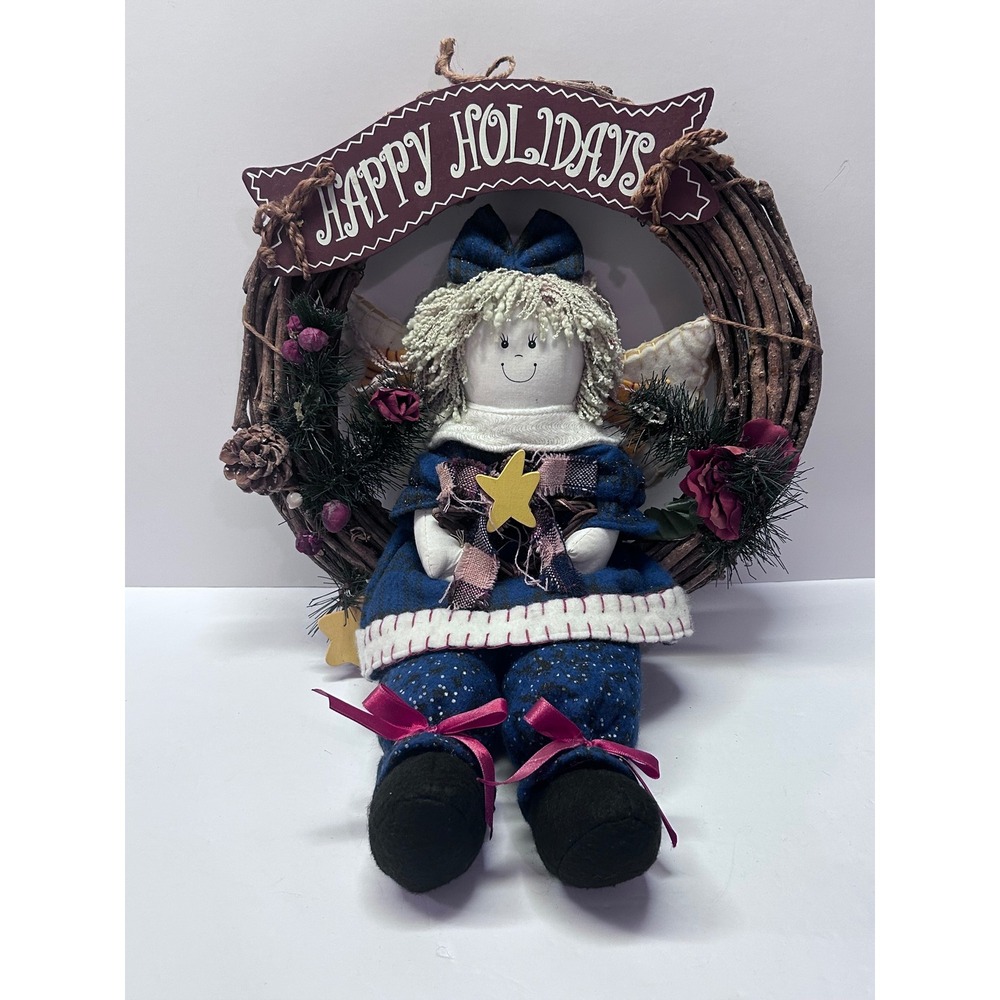 tage Handmade Christmas Angel Wreath Wall Hanging Happy Holidays Grapevine